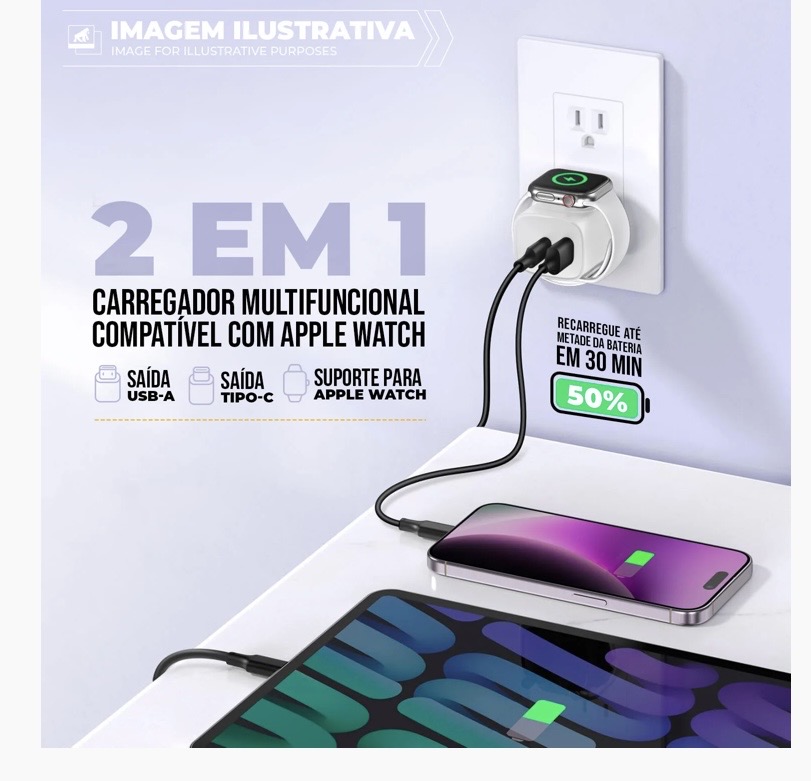 Carregador de Parede Universal Survivor 2 em 1 Power Delivery 23W Tipo C Ultra Rápido + USB A e Base de Carregamento Magnética Sem Fio para Apple Watch - Gshield - Imagem 4