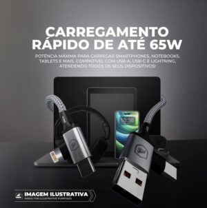 Cabo 4 em 1 - Carregamento Rápido 65W - USB-A, Tipo-C e Lightning - 1M - Discovery - Gshield